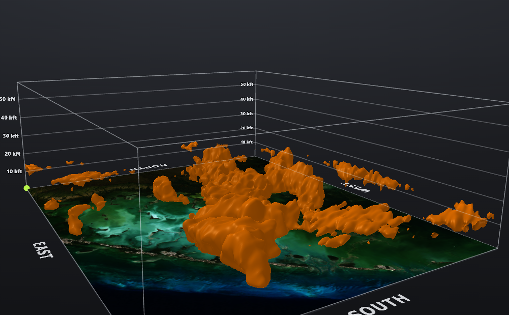 3D storm cores rendered as orange isosurfaces over a satellite basemap, with a 10 to 50 kft height axis
